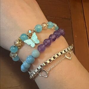 Elegant 6.5” Blue gemstones butterfly bracelet made w bronze Swarovski crystals